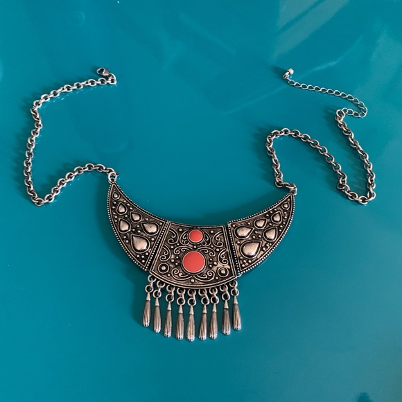 Boho Gypsy Silver Dangles & Orange Enamel Necklace - Tribal Dangle Necklace NWOT - Picture 2 of 5